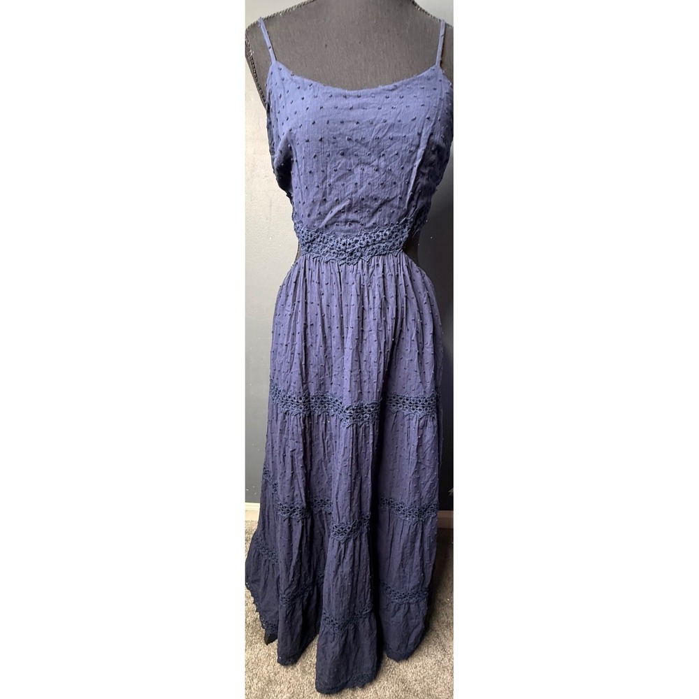 Lulus Navy Blue Swiss‎ Dot Crochet Lace Cutout Tiered Maxi Dress ED1614 Mens M